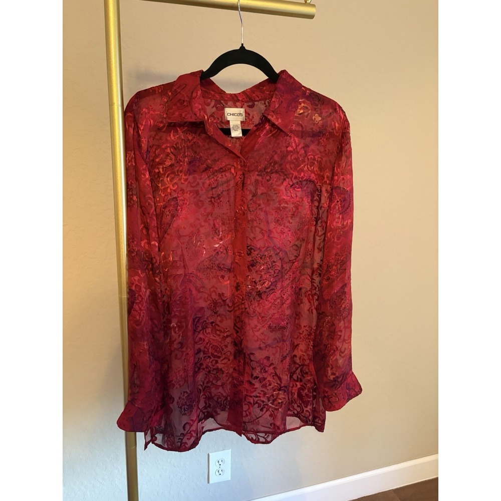 Chico's Women's Silk Blend Burnout Blouse Size 3 Holiday Festive Fall Work